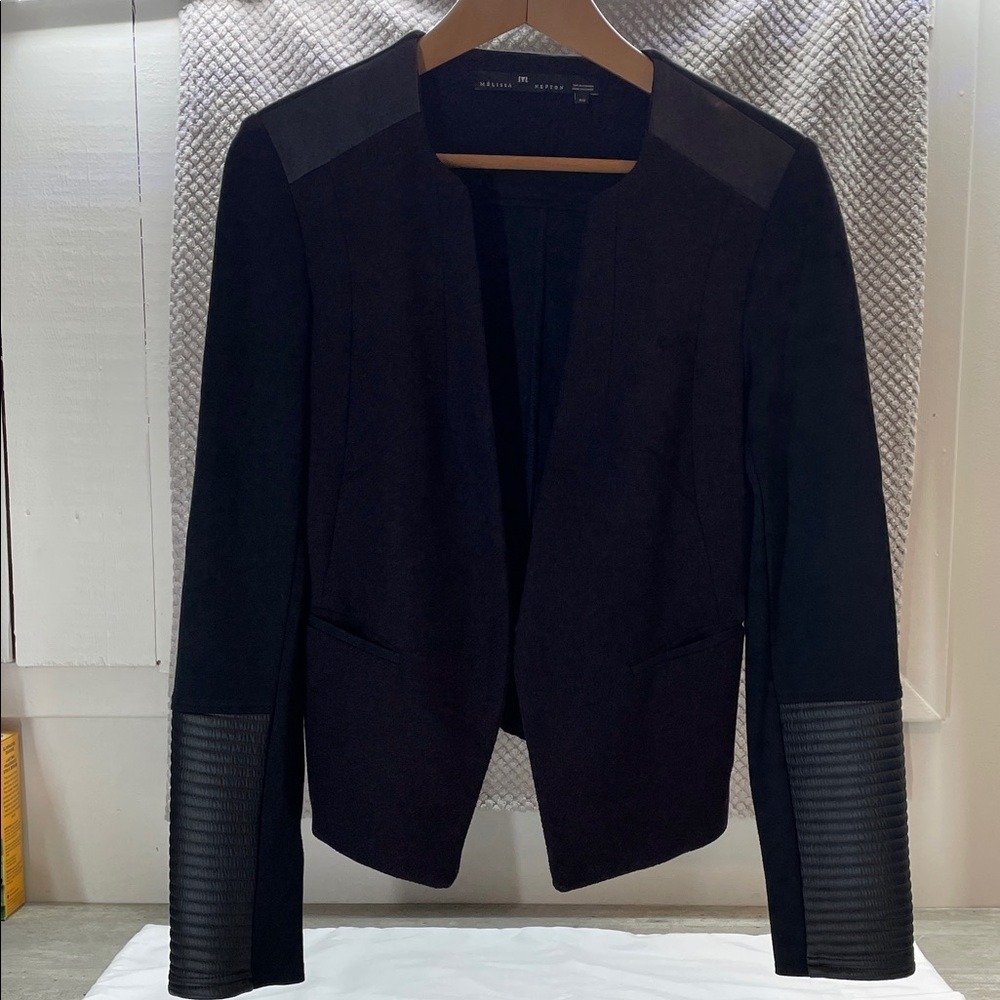 Melissa Nepton Black Blazer Jacket Faux Leather Trim Collarless Women P/S